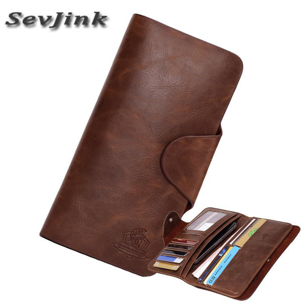 SEVJINK Genuine Leather Men Wallet England Style Long Clutch Wallets Solid Brown Photo Card Holder Purse Vintage Hasp Wallets