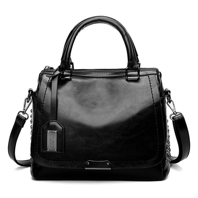 Large Capacity Brand Oil Wax Leather Rivet Boston Bag High Quality Female Crossbody Tote Shouler Bag