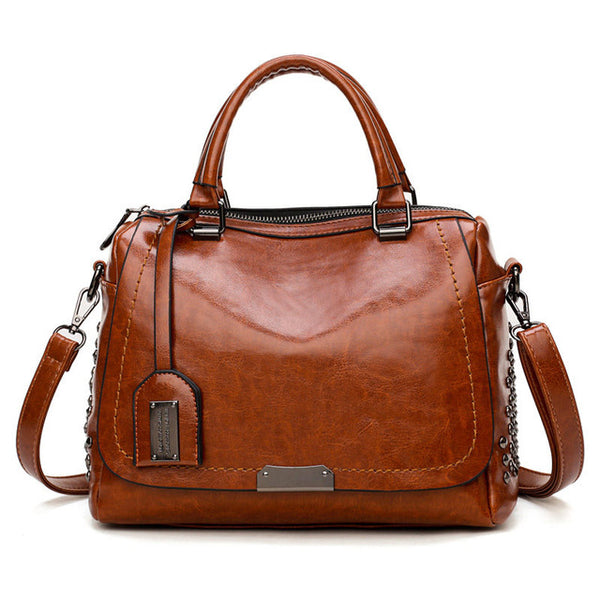 Large Capacity Brand Oil Wax Leather Rivet Boston Bag High Quality Female Crossbody Tote Shouler Bag