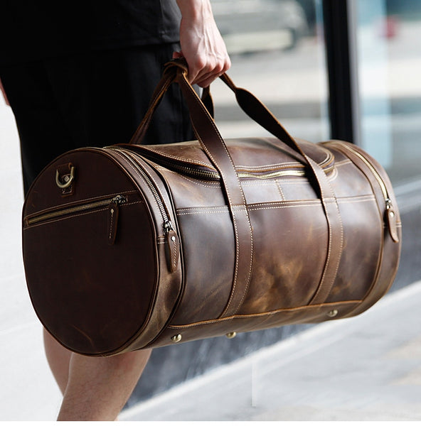 Luufan Genuine Leather Travel Bag For Men Round Shap Duffle Bags For Business Trip Male Weekend Bag Far away Travel Big Handbag