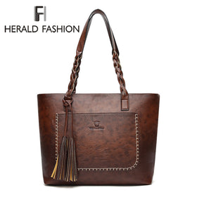 Herald Fashion Large Capacity Causal Shoulder Bags for Women 2018 Fall Leather Fringe Purse Handbags Retro Tassel Shopper Tote