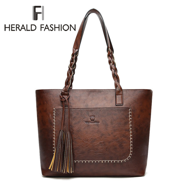 Herald Fashion Large Capacity Causal Shoulder Bags for Women 2018 Fall Leather Fringe Purse Handbags Retro Tassel Shopper Tote