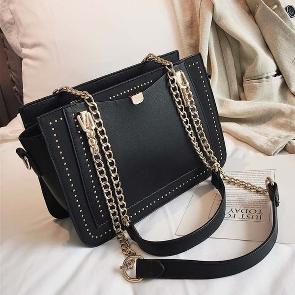 Luxury Rivet Handbag Women Bag Designer Brand Metal Chain Tote Bags Casual PU Leather Crossbody Bag