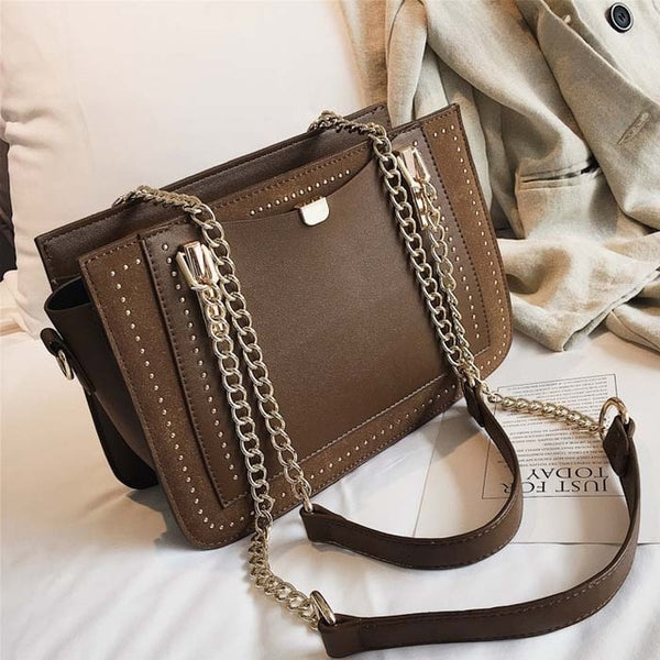 Luxury Rivet Handbag Women Bag Designer Brand Metal Chain Tote Bags Casual PU Leather Crossbody Bag