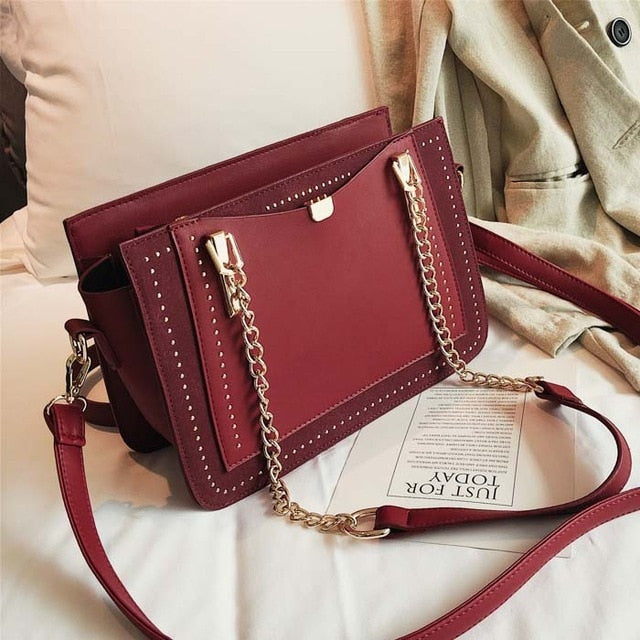 Luxury Rivet Handbag Women Bag Designer Brand Metal Chain Tote Bags Casual PU Leather Crossbody Bag