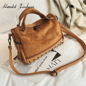 Herald Fashion Nubuck Leather Hand Bags Female Top-handle Bags Rivet Large Women Shoulder Bags Ladies' Motorcycle Vintage Bag