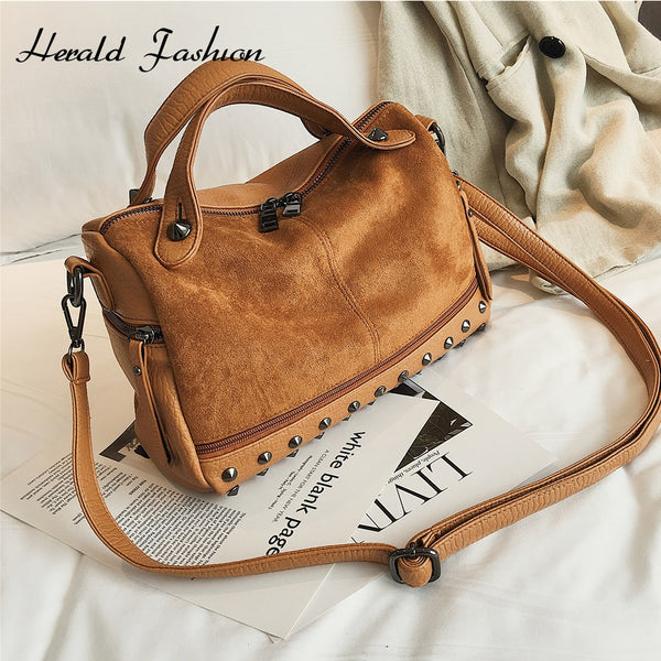 Herald Fashion Nubuck Leather Hand Bags Female Top-handle Bags Rivet Large Women Shoulder Bags Ladies' Motorcycle Vintage Bag