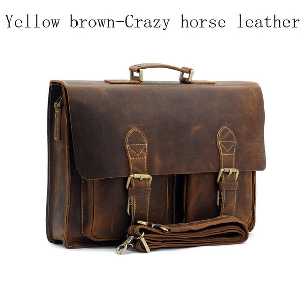 Top Grade Male Men's Vintage Real Crazy Horse Leather Briefcase Messenger Shoulder Portfolio Laptop Bag Case Office Handbag 1061