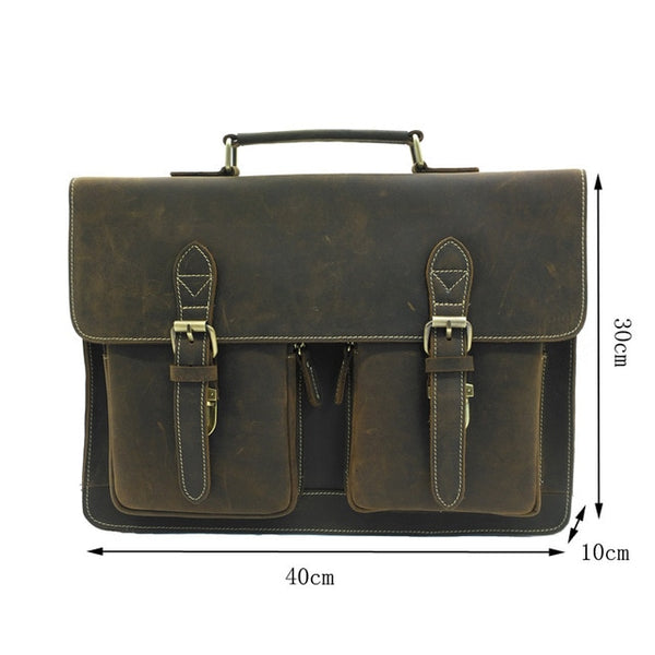 Top Grade Male Men's Vintage Real Crazy Horse Leather Briefcase Messenger Shoulder Portfolio Laptop Bag Case Office Handbag 1061