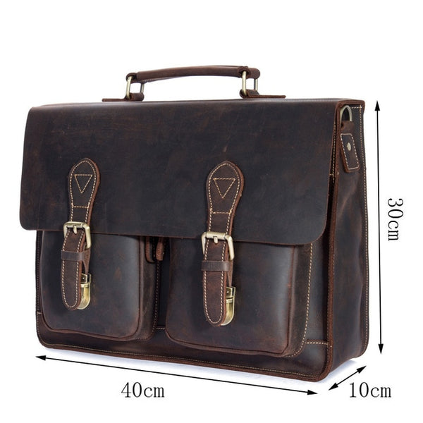 Top Grade Male Men's Vintage Real Crazy Horse Leather Briefcase Messenger Shoulder Portfolio Laptop Bag Case Office Handbag 1061