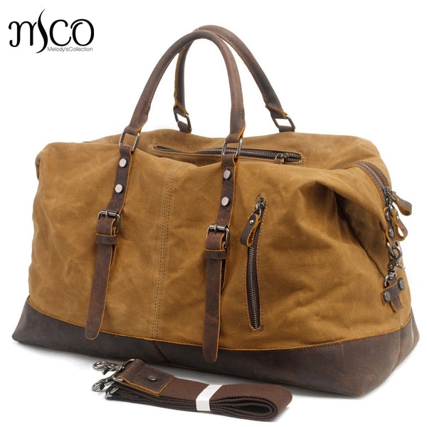MCO Vintage Waxed Canvas Men Travel Duffel Large Capacity Oiled Leather Military Weekend Bag Basic Holdall Tote Overnight Bags