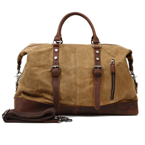 Waterproof Canvas with Leather Big Travel Bags Vintage Military Duffle Handbag Carry on Traveling Large Luggage Tote Bag Weekend
