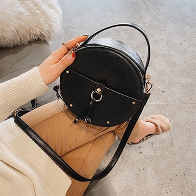 Vintage Scrub Leather Round Designer Crossbody Bag For Women 2019 PU Leather Shoulder Bags Ladies Small Handbags Mini Tote Bag